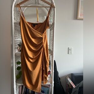 Gold spaghetti strap, mini dress draped waist Size M